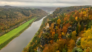 Panoramic view from the Bastei over the river Elbe, Saxon Switzerland national park, Germany